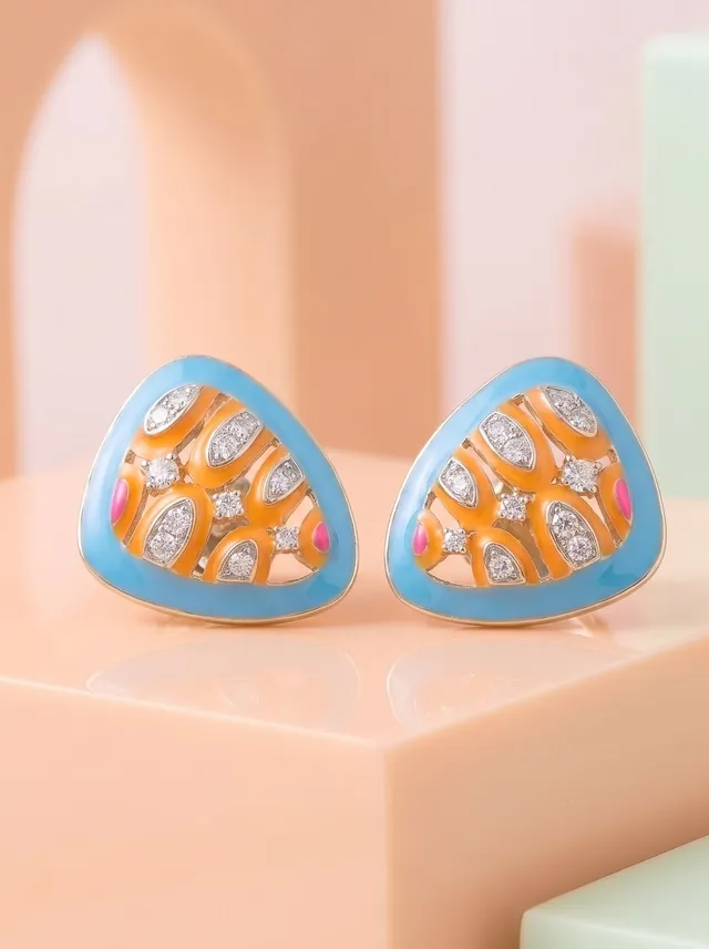 A contemporary pair of earrings inspired by vibrant coral reefs and sunlit ocean landscapes, featuring vivid cloisonné enamel in turquoise, coral orange, and fuchsia pink. Crafted in 925 silver with gold plating and accented with shimmering Swarovski crystals, they blend artistic colour with modern sophistication.