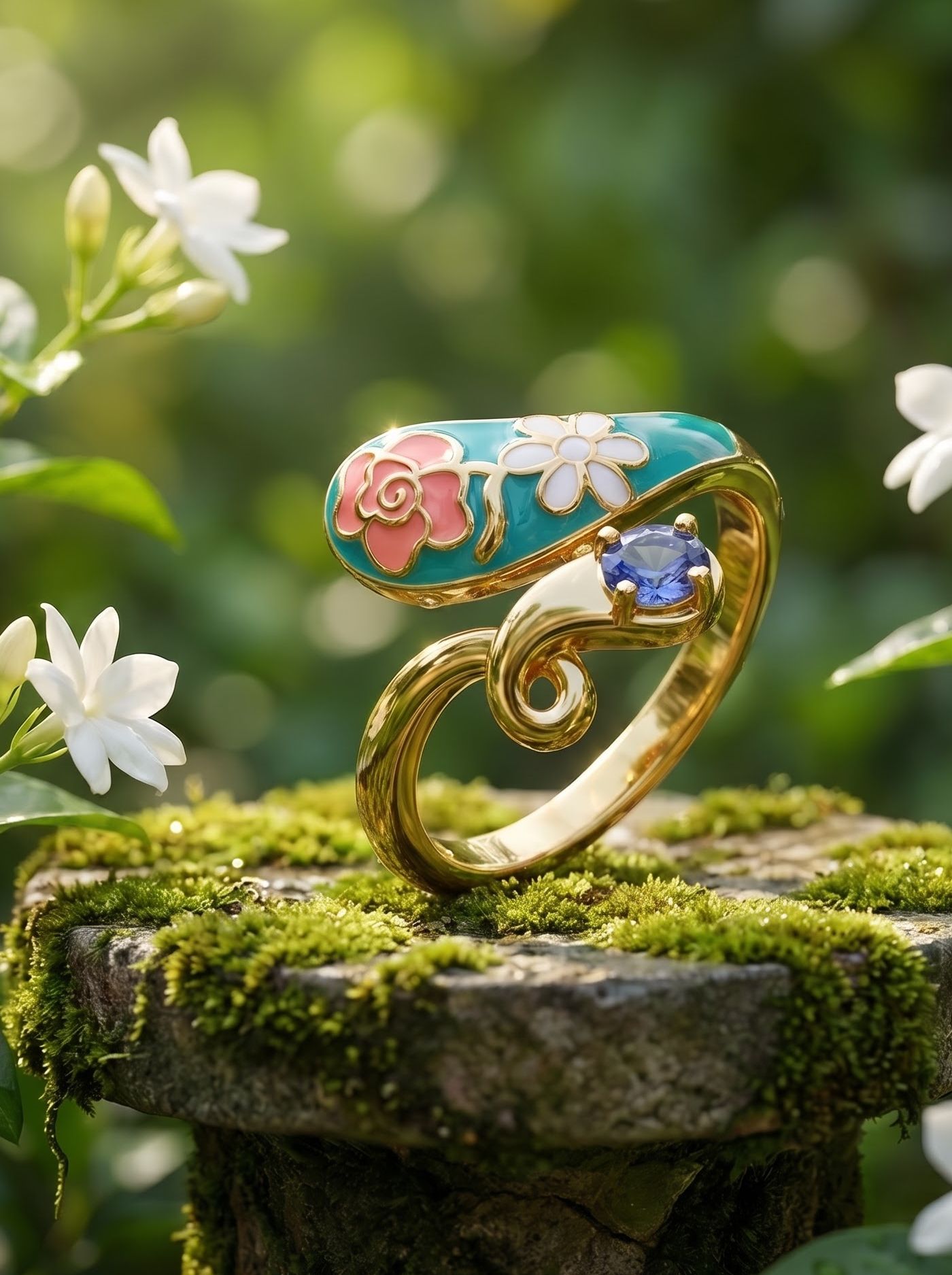 A contemporary ring inspired by the harmony of blooming florals, featuring vibrant orange and delicate white cloisonné enamel flowers with a striking blue stone. Crafted in 925 silver with gold plating, it celebrates colour, balance, and modern elegance.