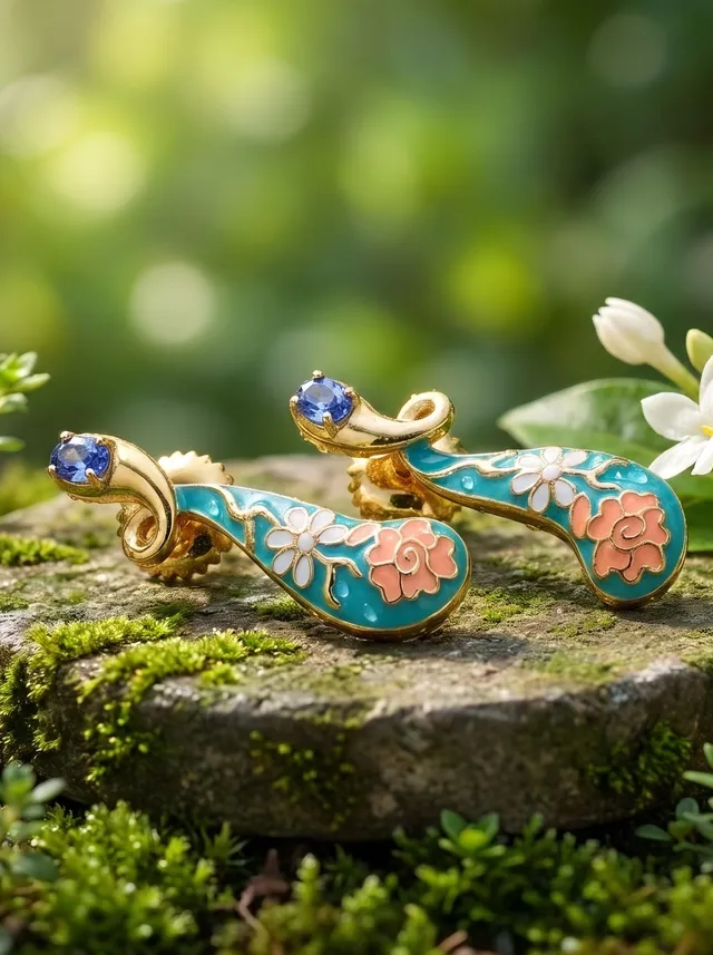 A radiant celebration of colour, where a vibrant orange blossom meets a luminous blue stone in perfect harmony. Crafted in 925 silver, finished with gold plating, and enriched with cloisonné enamel, these earrings bring together warmth, elegance, and contemporary artistry.