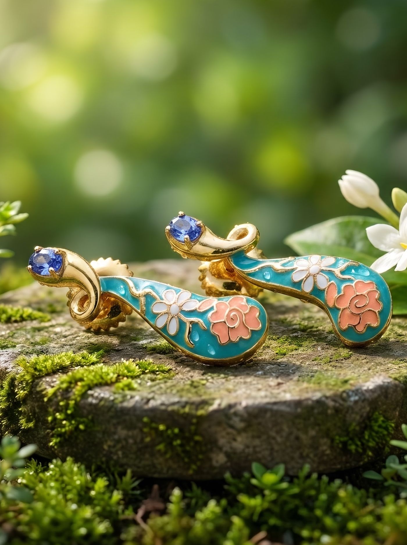 A radiant celebration of colour, where a vibrant orange blossom meets a luminous blue stone in perfect harmony. Crafted in 925 silver, finished with gold plating, and enriched with cloisonné enamel, these earrings bring together warmth, elegance, and contemporary artistry.
