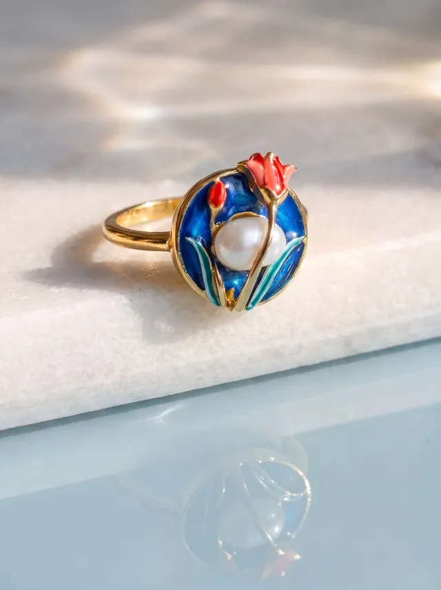 Crafted in 925 silver with gold plating, this ring features cloisonné enamel, a luminous freshwater pearl, and a contemporary design. Inspired by a pearl within a blooming meadow, it transforms nature into wearable art.