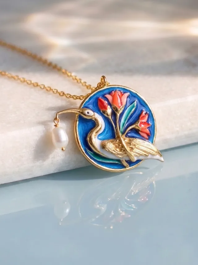 Crafted in 925 silver with gold plating, this pendant features cloisonné enamel, a luminous freshwater pearl, and a contemporary design. Inspired by the graceful swan resting among blooming florals, it captures the serenity and elegance of a peaceful meadow.