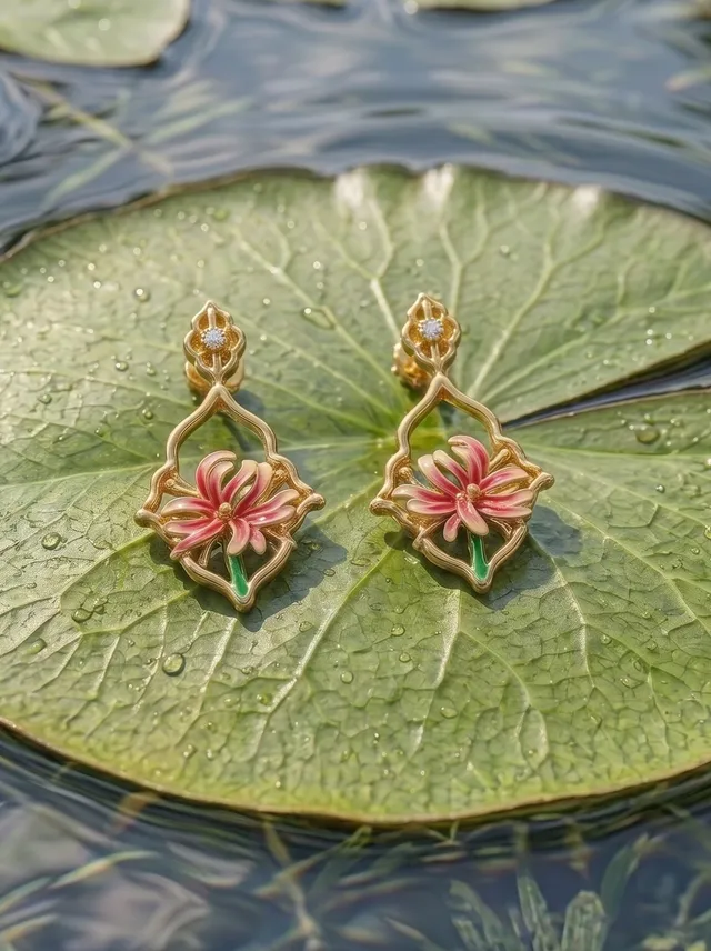 Nature-inspired earrings featuring delicate floral motifs brought to life with champlevé enamel, set in 925 gold-plated silver with subtle crystal accents for a graceful sparkle.