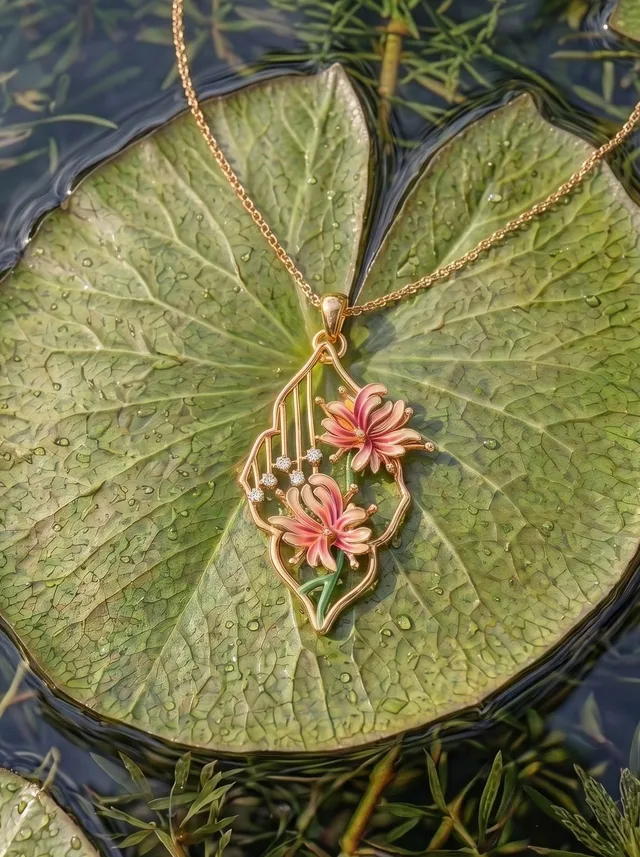 A nature-inspired pendant featuring delicate floral motifs brought to life with champlevé enamel, set in 925 gold-plated silver with subtle crystal accents for a graceful sparkle.