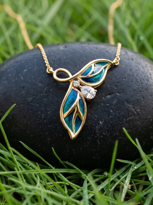 A contemporary pendant inspired by graceful foliage, featuring peacock-toned cloisonné enamel, shimmering Swarovski crystals, and crafted in 925 silver with gold plating—capturing nature’s vibrant elegance in a refined silhouette