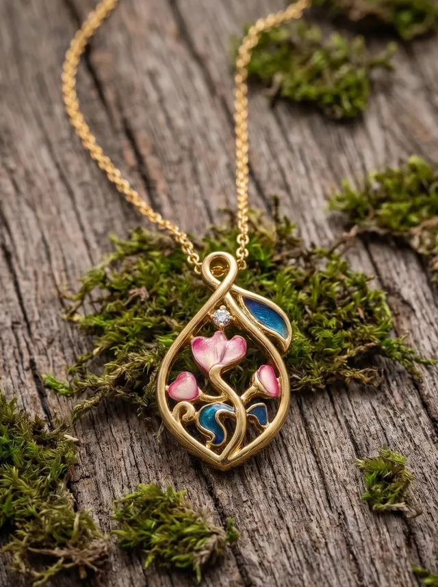 A contemporary pendant inspired by a blooming vine enclosed within a graceful silhouette, adorned with vibrant cloisonné enamel in peacock blue, emerald green, and blush pink. Crafted in 925 silver with gold plating and accented with a sparkling Swarovski crystal