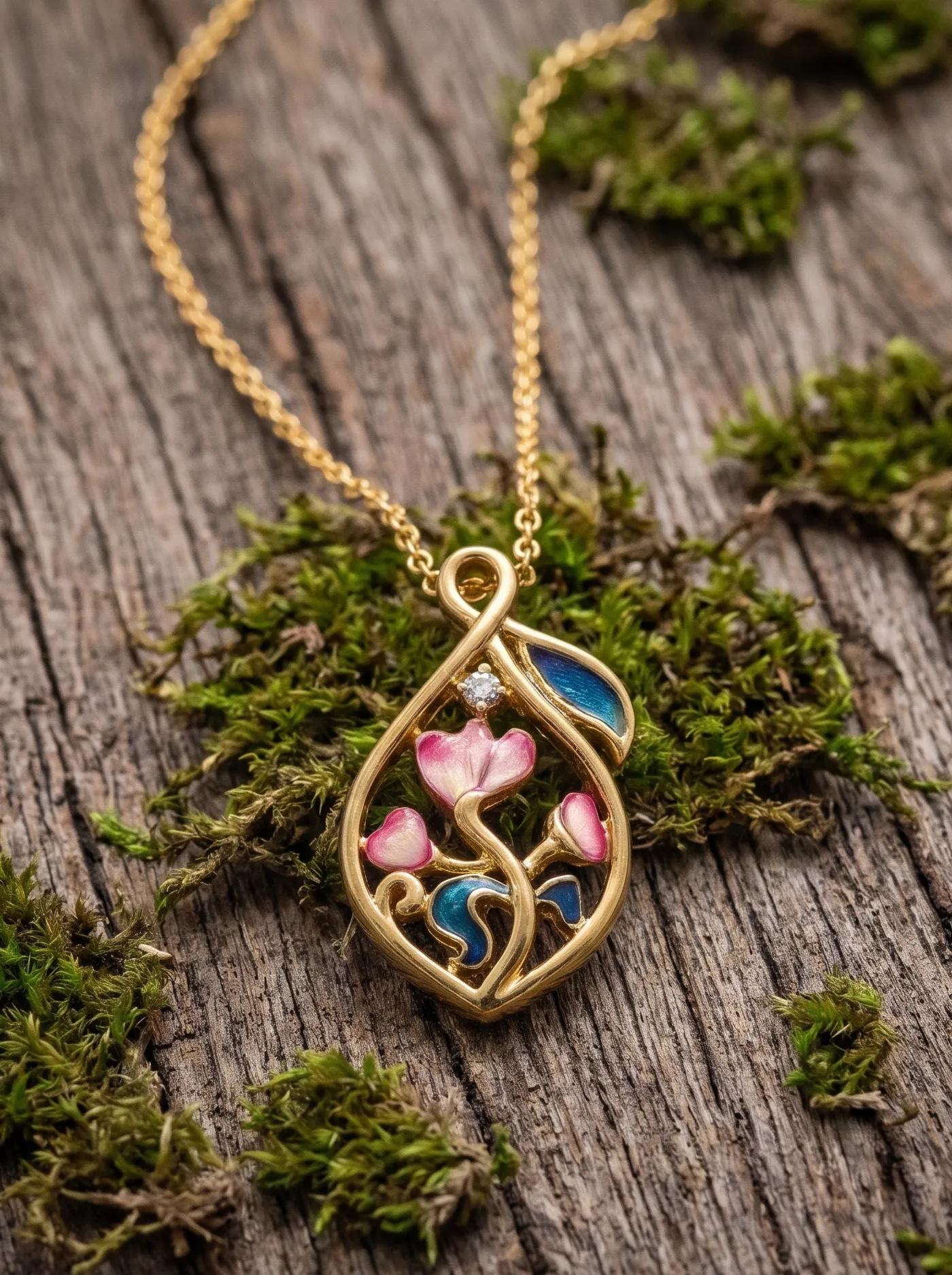 A contemporary pendant inspired by a blooming vine enclosed within a graceful silhouette, adorned with vibrant cloisonné enamel in peacock blue, emerald green, and blush pink. Crafted in 925 silver with gold plating and accented with a sparkling Swarovski crystal