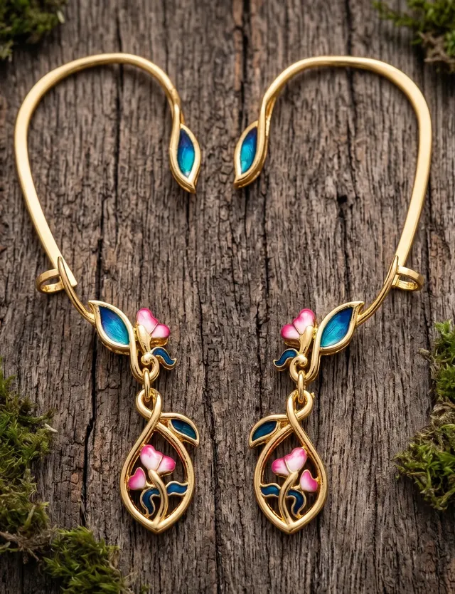 A contemporary pair of statement earrings inspired by blooming vines, featuring vibrant cloisonné enamel in shades of peacock blue, emerald green, and soft blush pink. Crafted in 925 silver with gold plating
