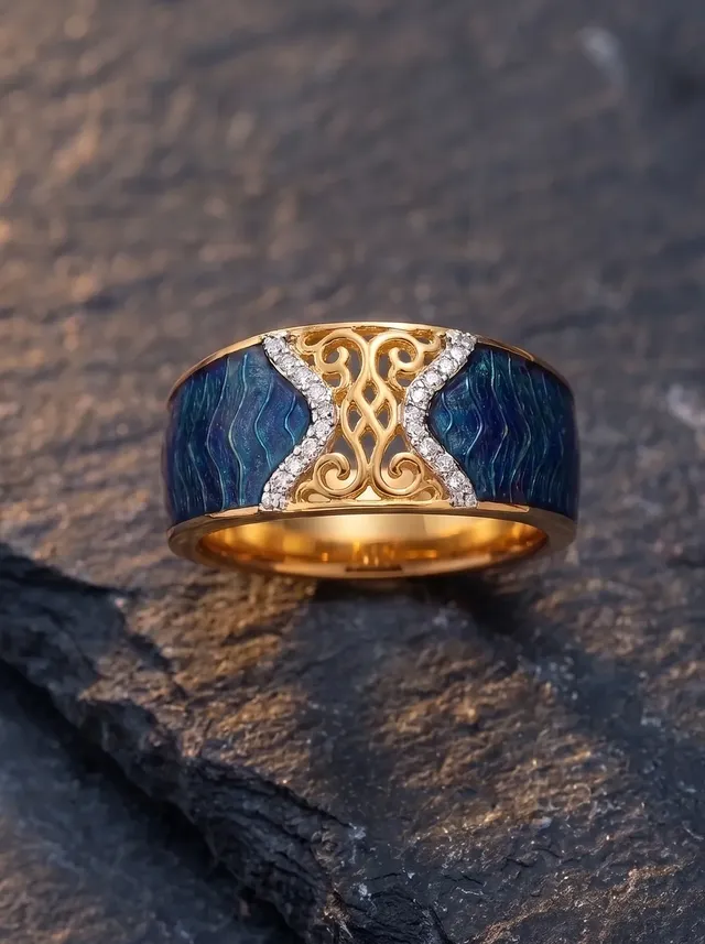 A statement ring crafted in 925 gold plated silver, inspired by the timeless beauty of lanterns, featuring deep blue - green champlevé enamel, intricate gold detailing, and Swarovski crystals that capture the glow of a flickering flame.