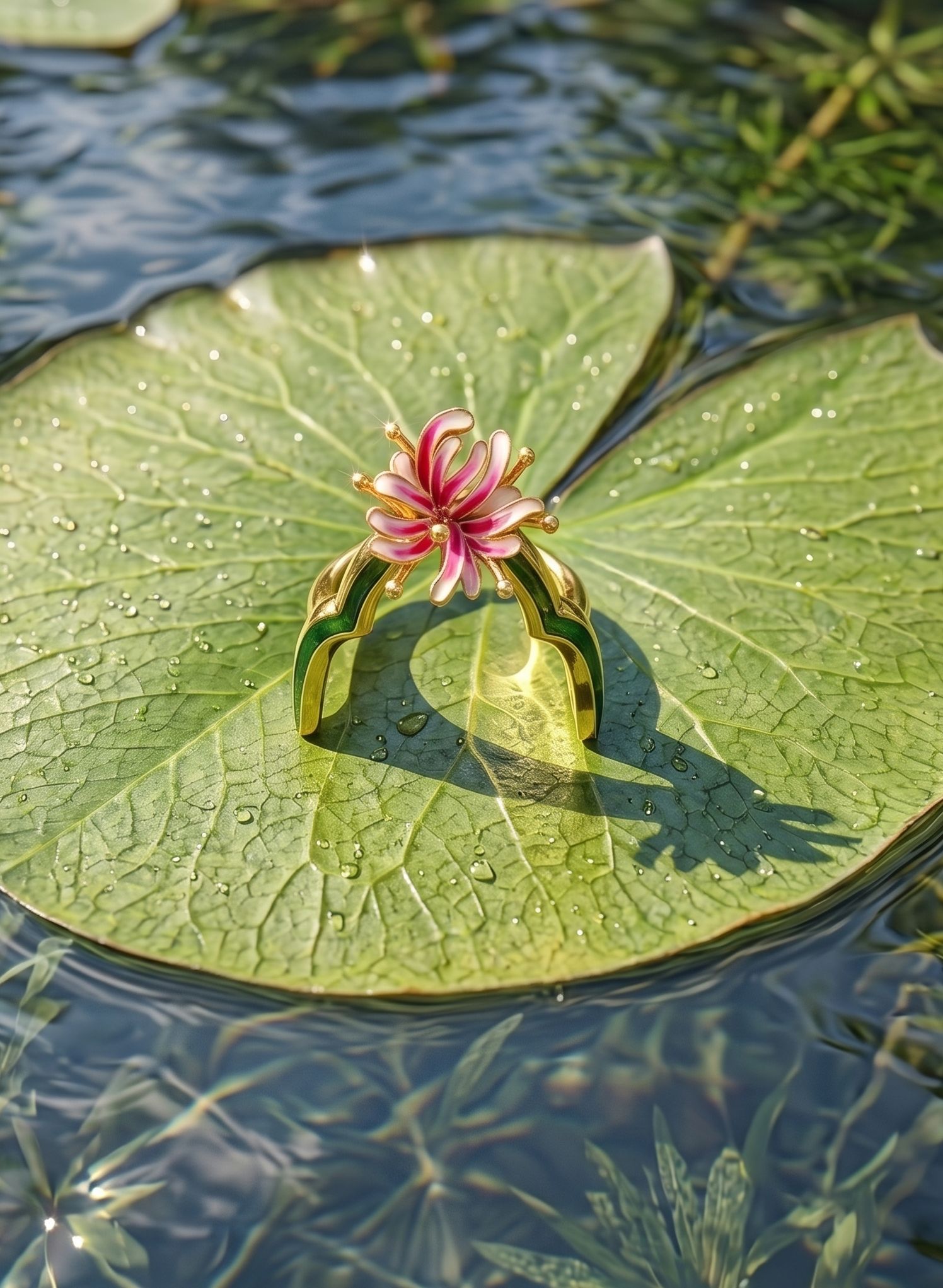 A contemporary vanki-inspired ring in 925 gold-plated silver, featuring a delicate floral motif with hand-finished enamel details, inspired by the elegance of nature and traditional Indian craftsmanship.