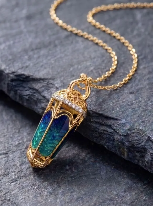 A lantern-inspired pendant crafted in 925 gold-plated silver, featuring deep blue and green champlevé enamel, intricate detailing, and Swarovski crystals