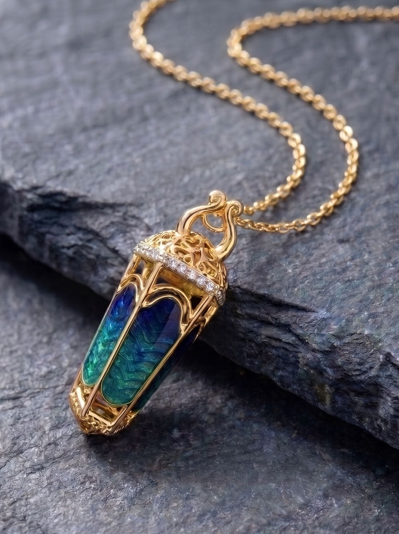 A lantern-inspired pendant crafted in 925 gold-plated silver, featuring deep blue and green champlevé enamel, intricate detailing, and Swarovski crystals