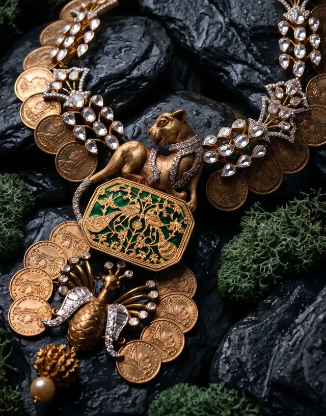 Empire of Echoes Necklace, Kasumala with thewa work, uncut diamonds and victorian coins