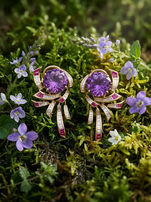 Amethyst Rhapsody Asymmetrical Sweeps — Art Deco amethyst sweep earrings