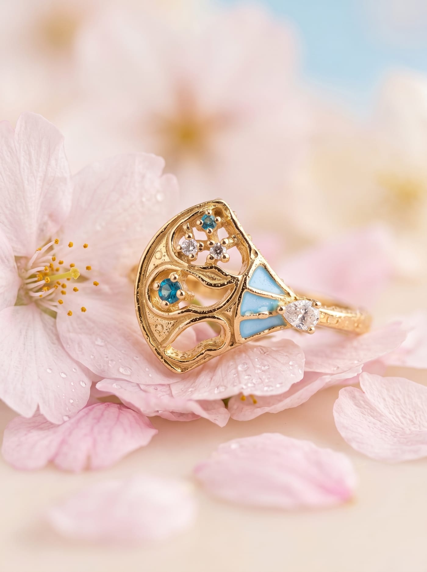 Azure Fan Ring — gold-plated silver ring with Swarovski crystals