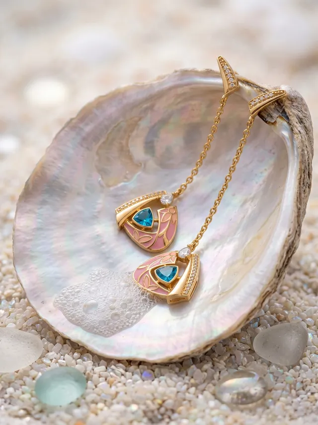 Bloom & Blue Earrings — gold-plated silver earrings with Blue stone cabochon and Swarovski crystals