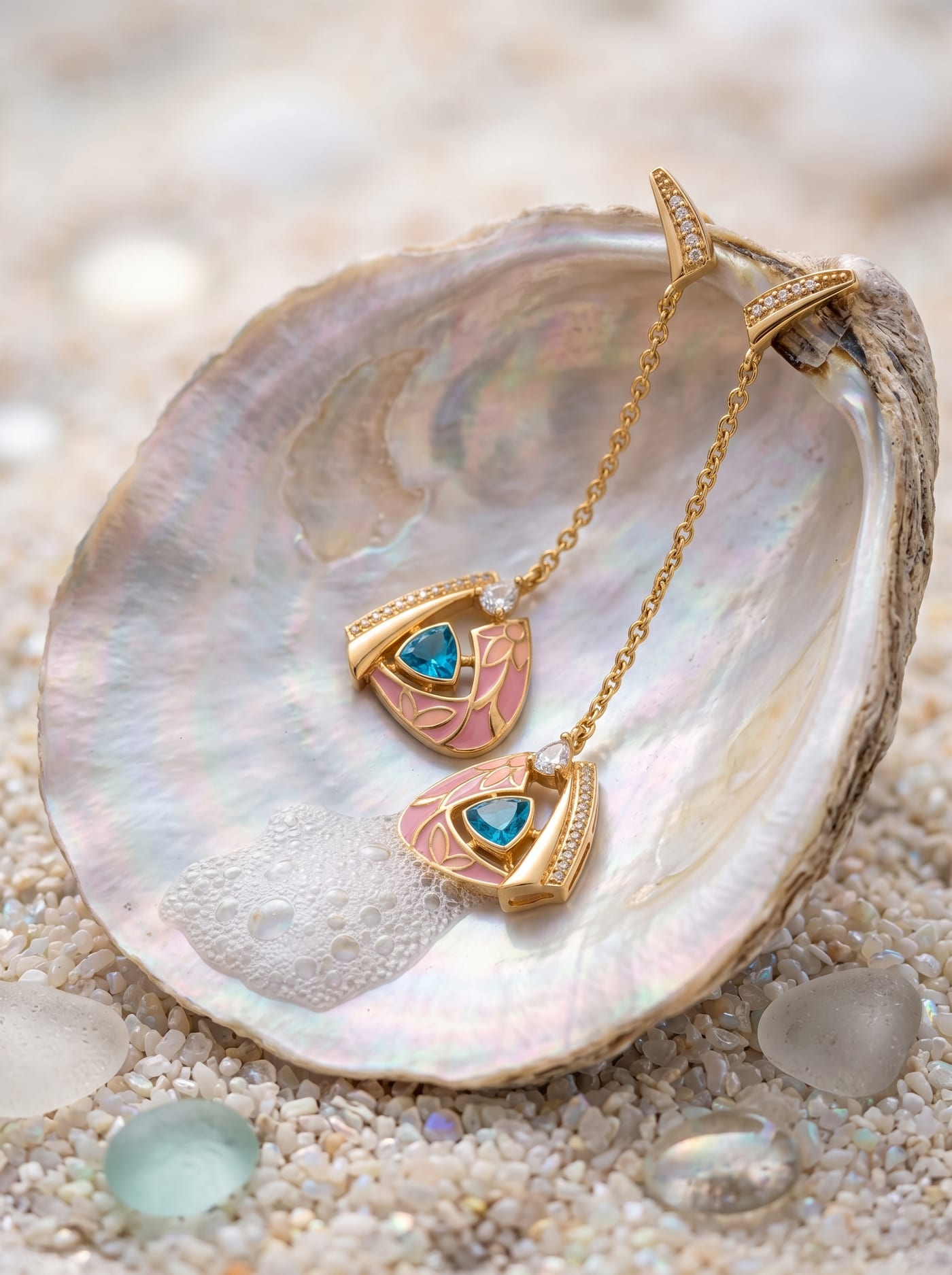 Bloom & Blue Earrings — gold-plated silver earrings with Blue stone cabochon and Swarovski crystals
