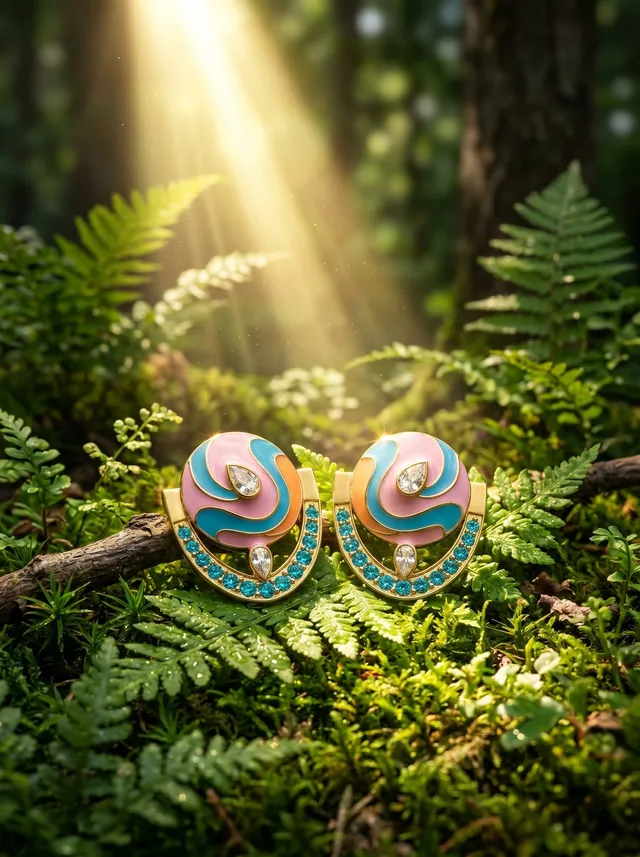 Celestial Swirl Earrings — gold-plated silver earrings with swarovski crystals and synthetic stones