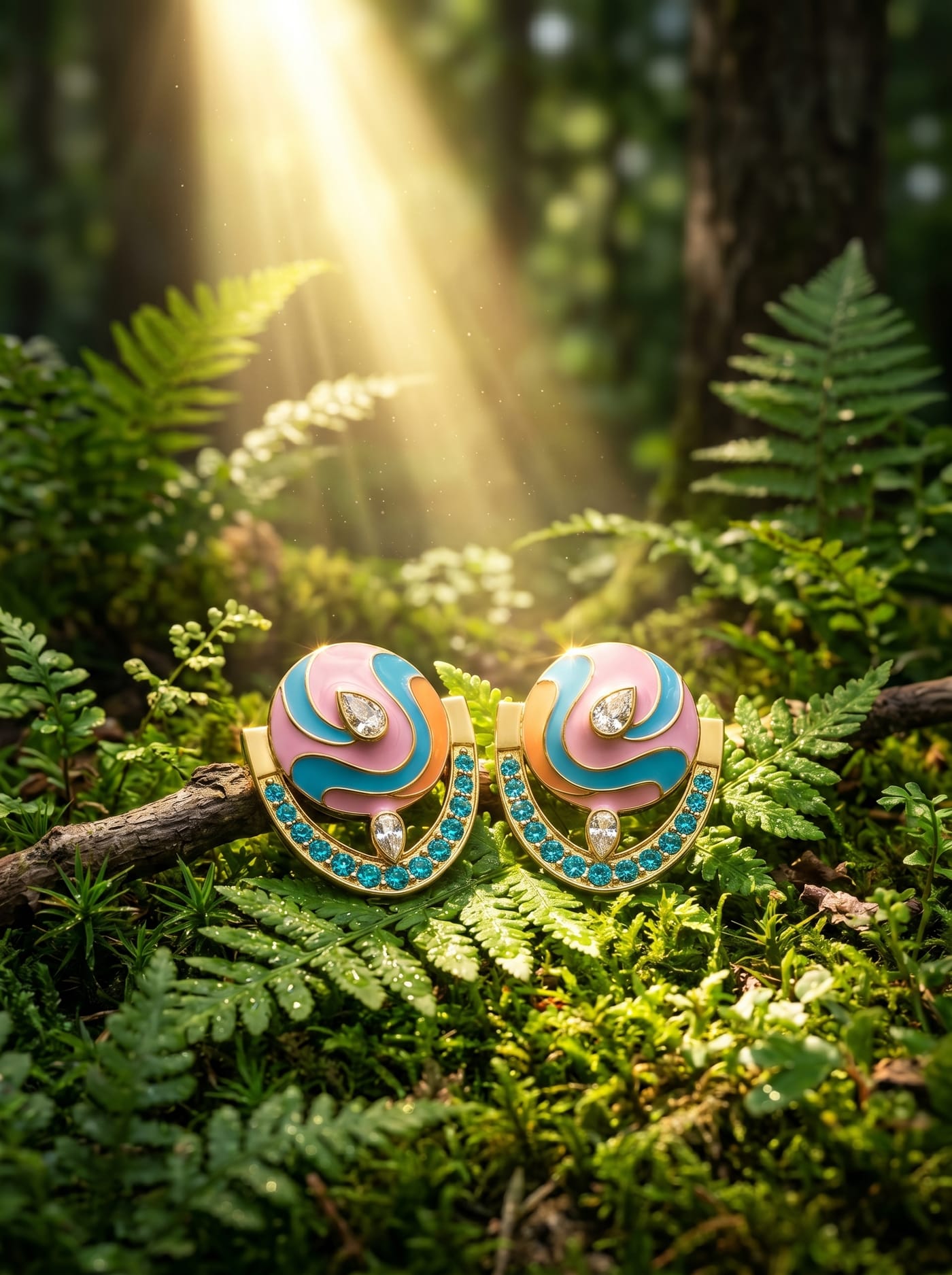 Celestial Swirl Earrings — gold-plated silver earrings with swarovski crystals and synthetic stones