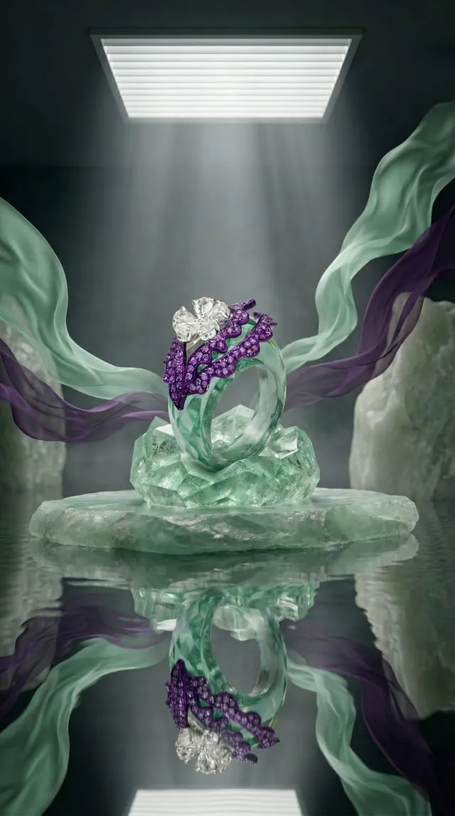 Mystic Blossom Ring — purple gold ring with carved topaz shank and amethysts