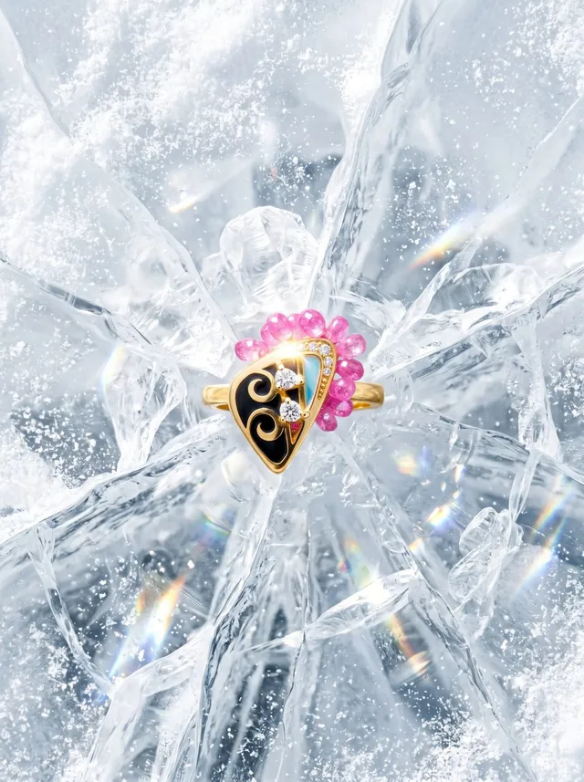 Deco Night Ring — gold-plated silver ring with Pink stone briolettes and Swarovski crystals