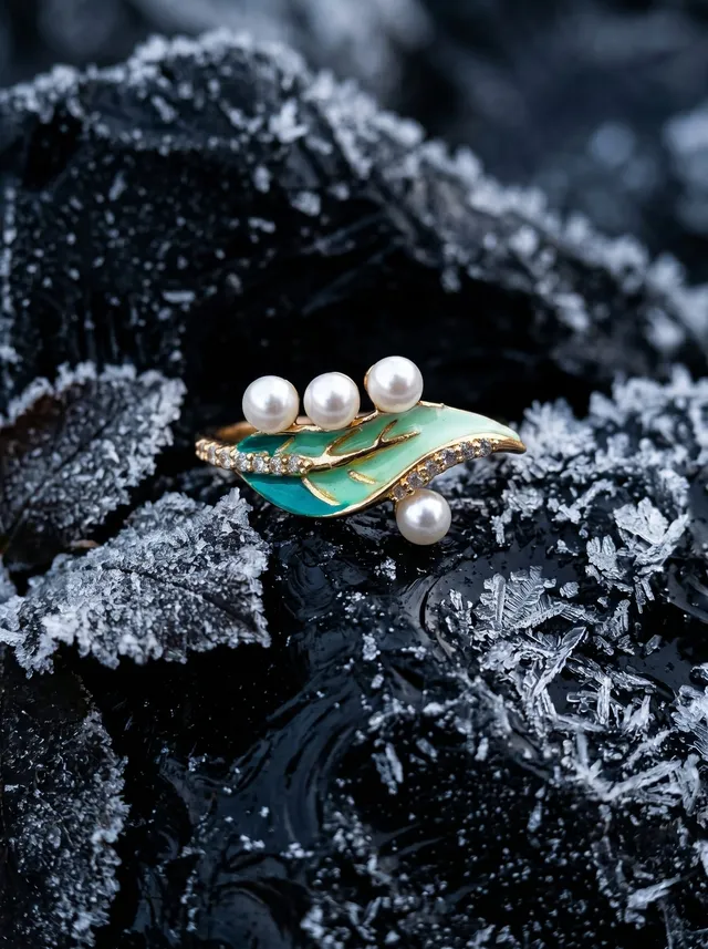 Dew Leaf Ring — gold-plated silver ring with Pearls and Swarovski crystals