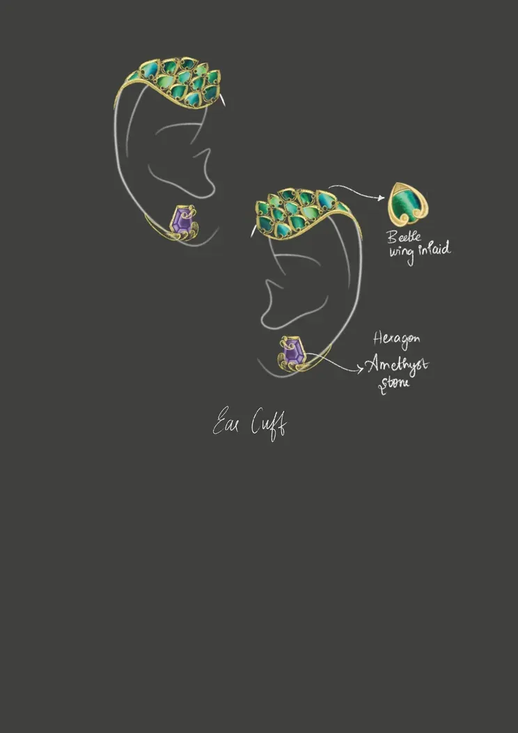 Original design sketch of the Divine Peacock Ear Cuff with beetle-wing inlay and amethyst