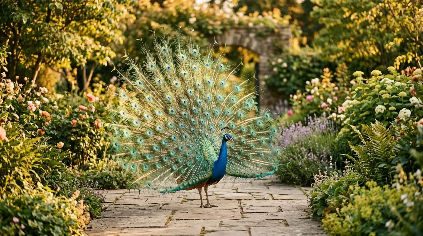 A peacock displaying its iridescent tail feathers