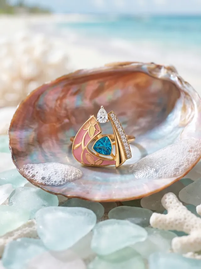 Geometric Bloom Ring — gold-plated silver ring with Blue cabochon and Swarovski crystals