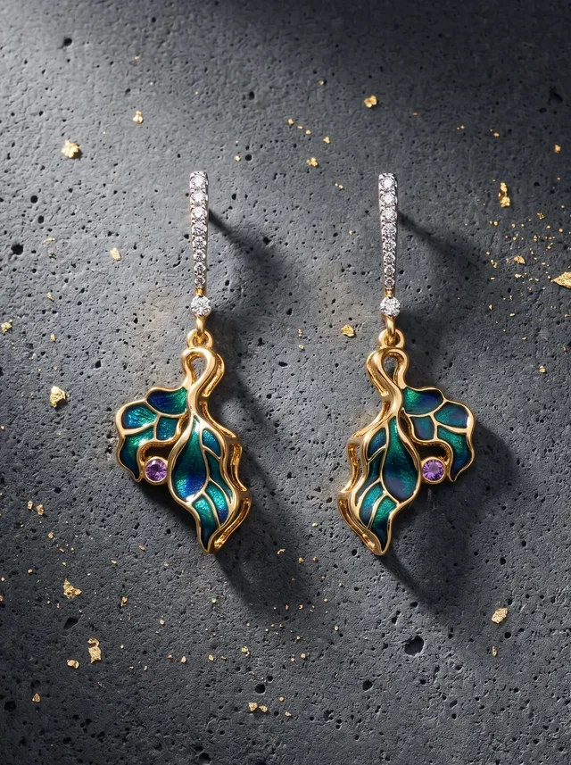 Elegant drop earrings crafted in 925 gold plated silver, featuring flowing leaf-inspired motifs in vibrant champlevé enamel, highlighted with purple stones and Swarovski crystals.