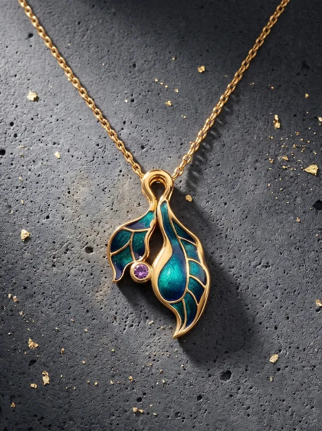 A graceful pendant crafted in 925 gold plated silver, featuring flowing leaf-inspired forms in vibrant champlevé enamel, accented with a vivid purple stone and sparkling Swarovski crystals.