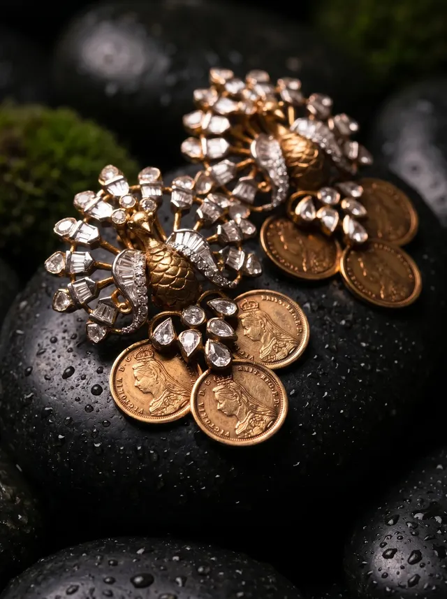 Imperial Echo Heritage Earrings — peacock diamond earrings with Victorian coins