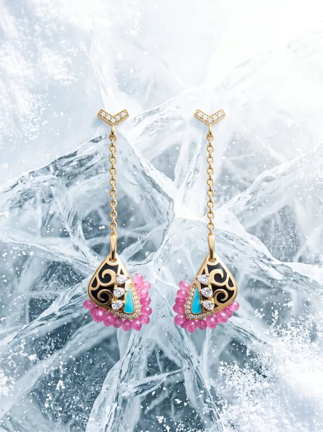 Midnight Curve Earrings — gold-plated silver earrings with Pink stone briolettes and Swarovski crystals