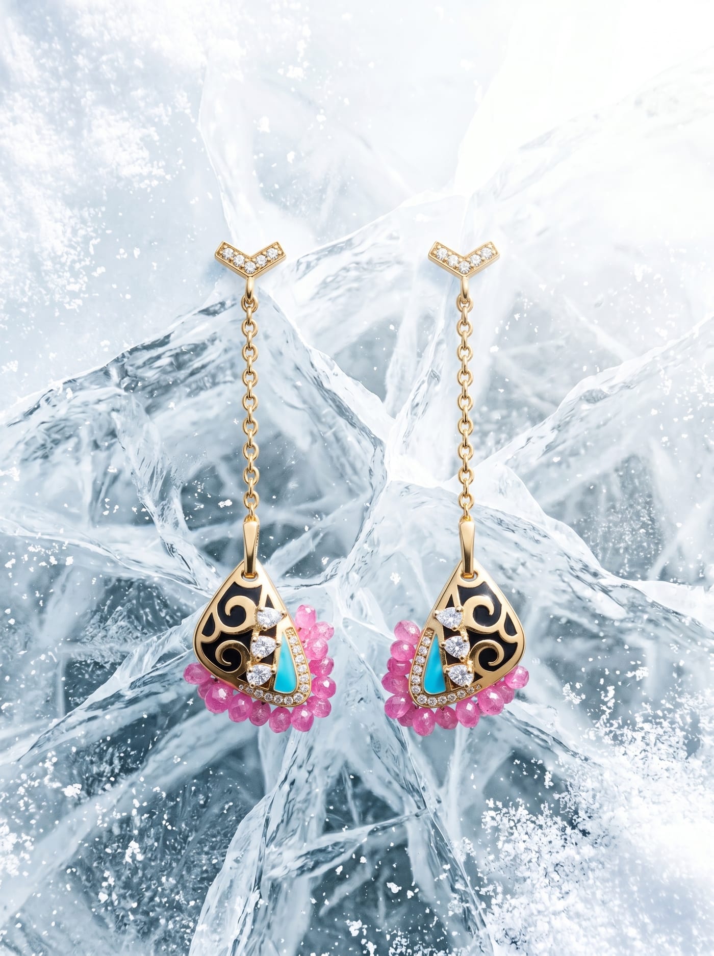 Midnight Curve Earrings — gold-plated silver earrings with Pink stone briolettes and Swarovski crystals