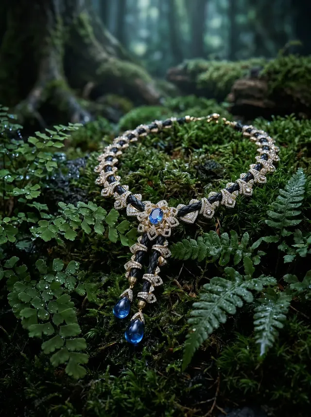 Midnight Heirloom Lariat — Victorian diamond and sapphire leather necklace