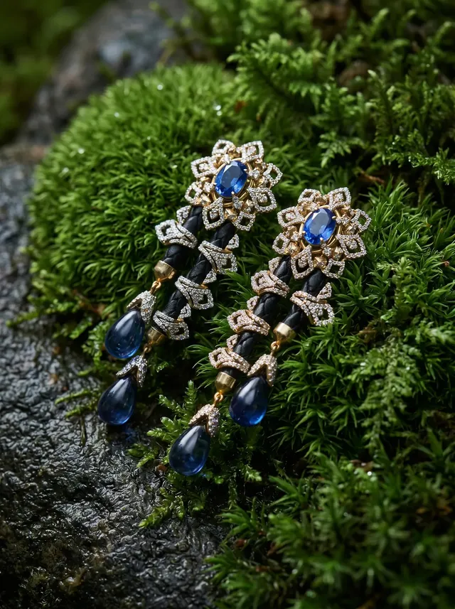 Midnight Heritage Chandelier Earrings — diamond sapphire leather drop earrings