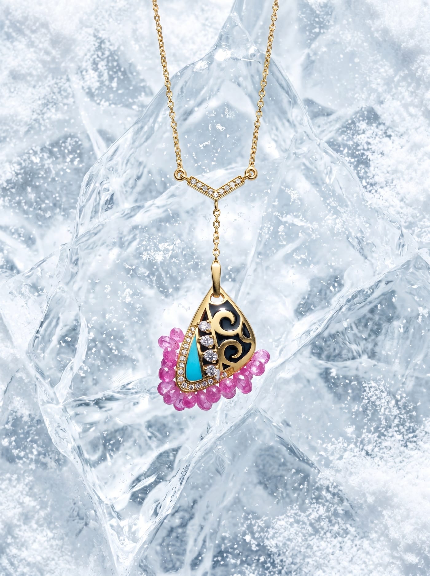 Midnight Hues Pendant — gold-plated silver pendant with Pink stone briolettes and Swarovski crystals