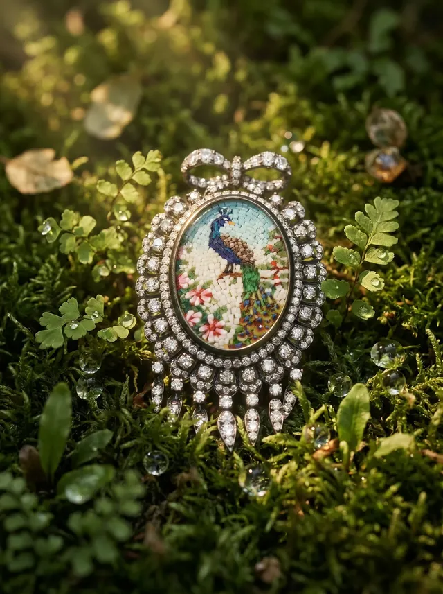 Mosaic Majesty Brooch — micro mosaic peacock brooch in black gold