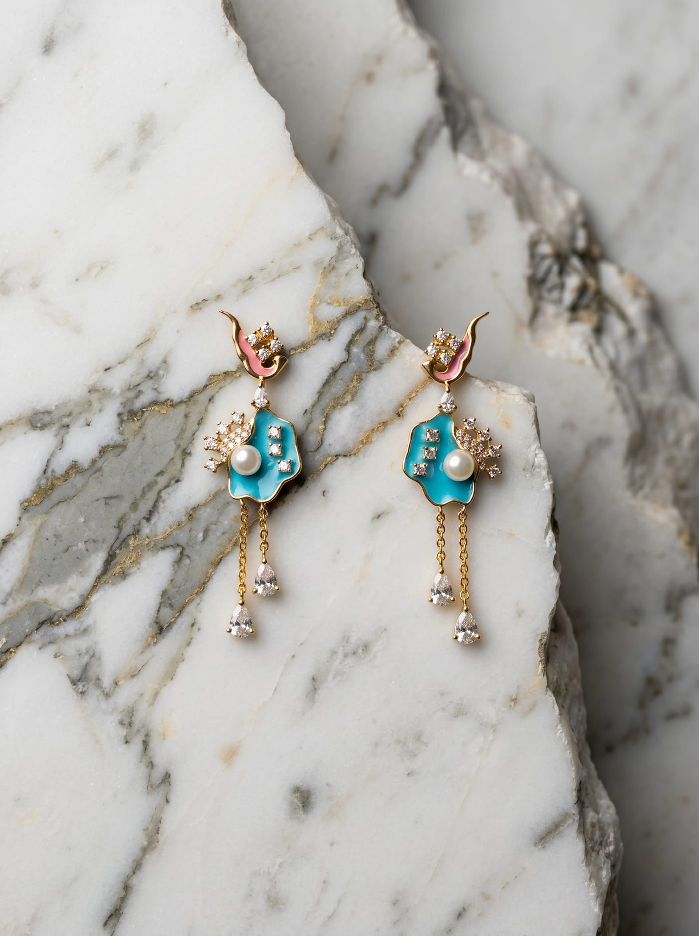 Petal Flow Earrings — gold-plated silver earrings with Swarovski crystals and pearl