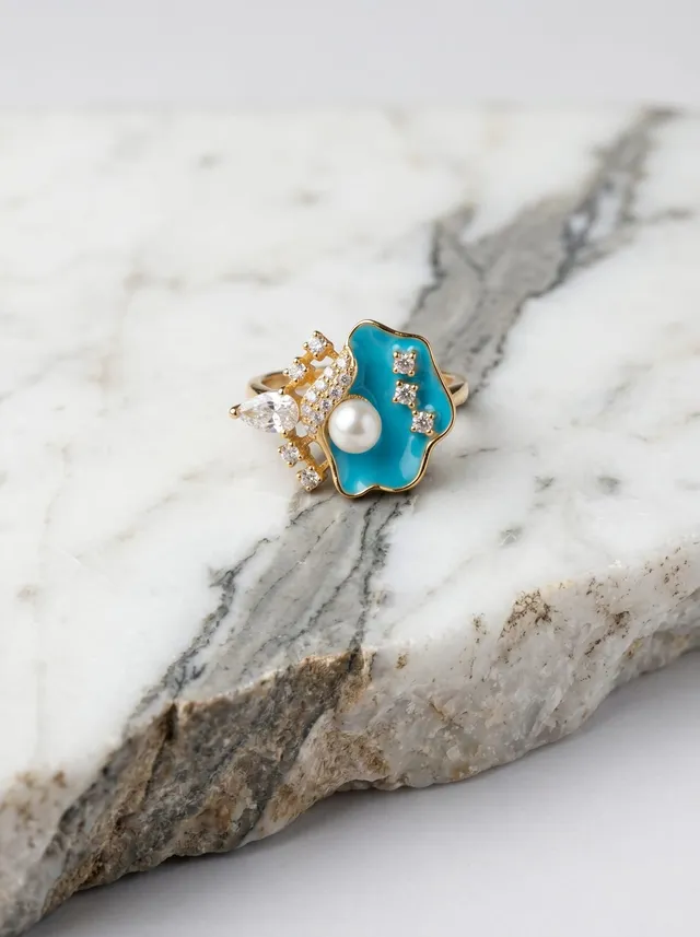 Petal Grace Ring — gold-plated silver ring with Swarovski crystals and pearl