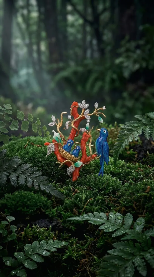 Birds on Perch — gold brooch with natural coral branches and enamel birds