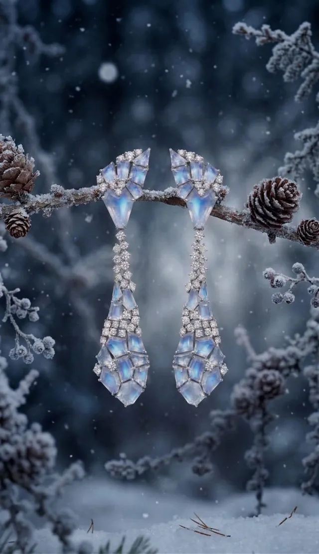Snow & Sparkle Earrings — moonstone and diamond drop earrings