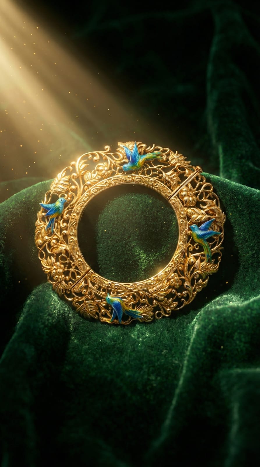 Imperial Flock Bangle — gold mesh bangle with hand-enamelled birds